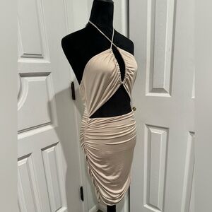 Tresser Womens Strappy Bodycon Mini Halter Dress Tie around the neck Small Beige